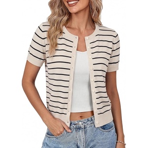 GRACE KARIN Womens Short Sleeve Cardigan Sweaters Lightweight Fall Outfits | Open Front Button up Sweater, Crewneck soft Knit tops, Versatile Layering Cardigans, Teacher, Business Casual Outfits(Apricot Black)