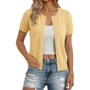 GRACE KARIN Womens Short Sleeve Cardigan Sweaters Lightweight Fall Outfits | Open Front Button up Sweater, Crewneck soft Knit tops, Versatile Layering Cardigans, Teacher, Business Casual Outfits(Light Yellow)