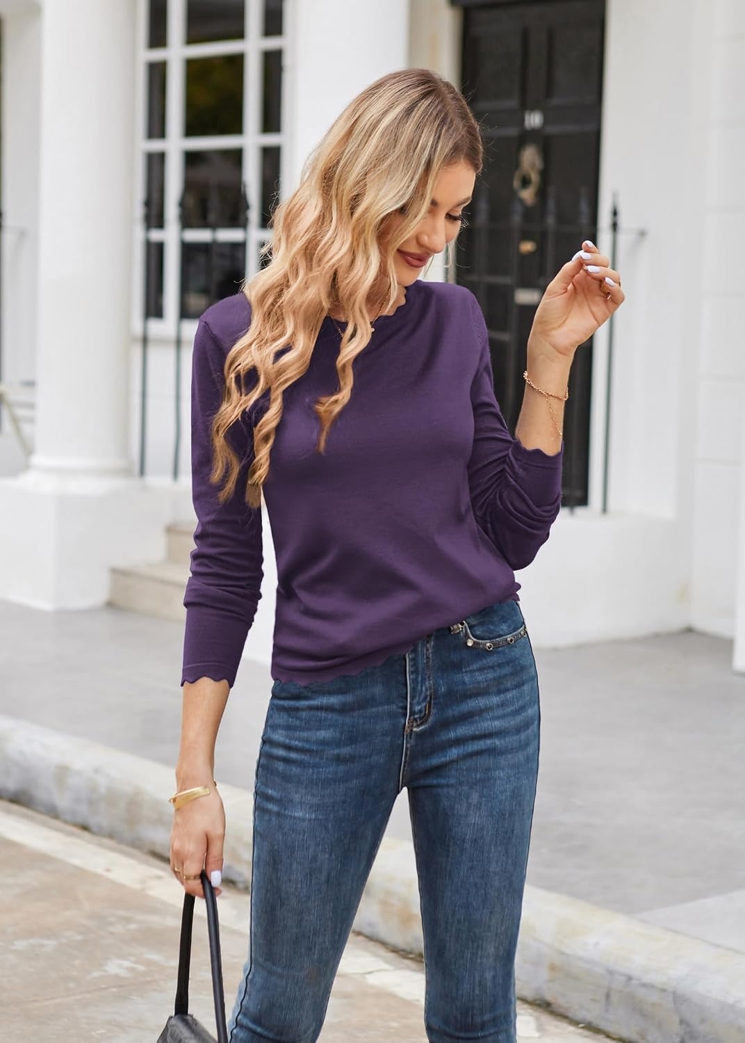 image:imageGRACE KARIN Long Sleeve Fall Sweaters for Women Trendy Business Casual Tops Fashion ClothesClassic Pullover ShirtCrew NeckScallopedLightweightSoft ComfyFittedKnitStretchyWinter Layer ClothingPeach Purple