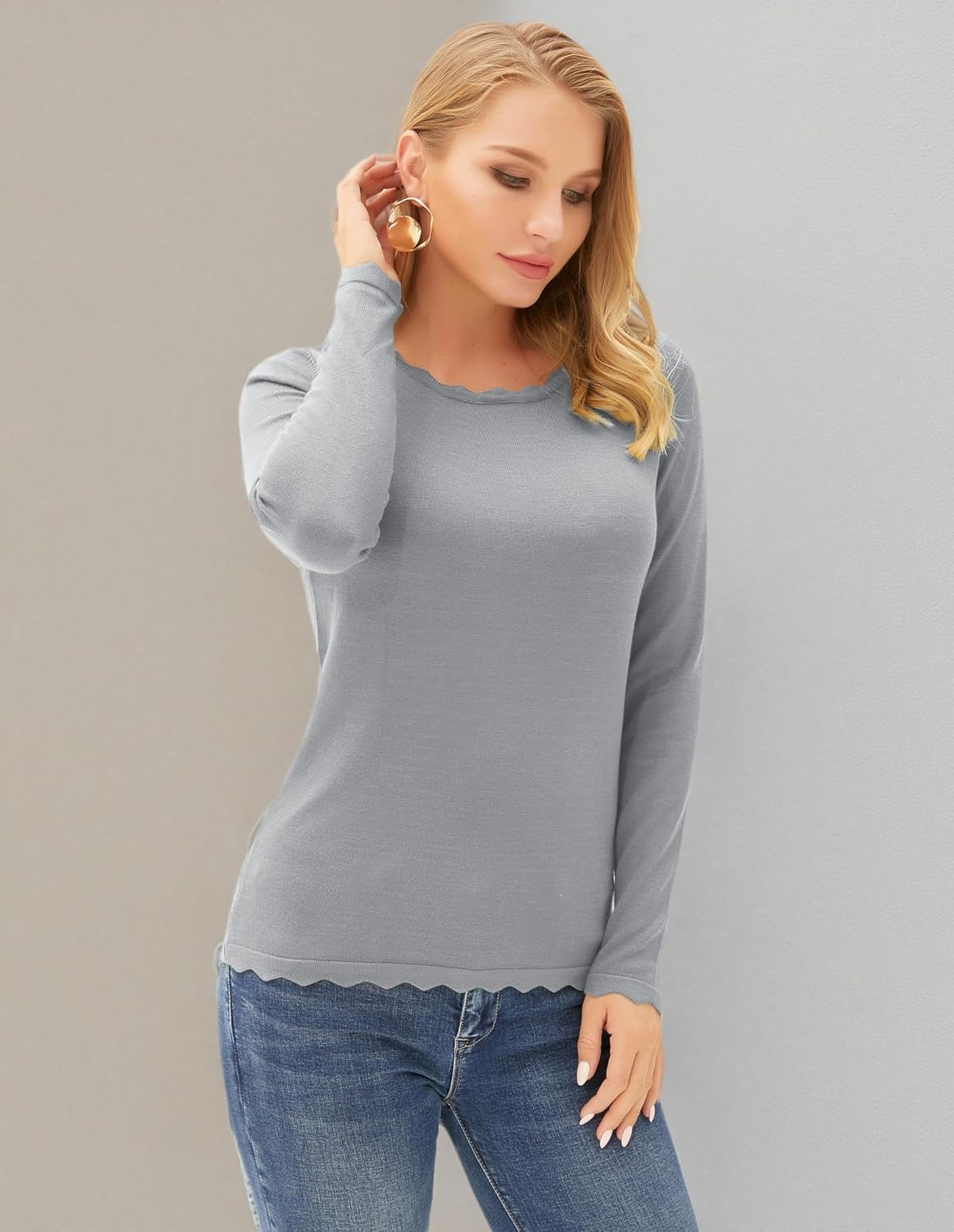 image:imageGRACE KARIN Long Sleeve Fall Sweaters for Women Trendy Business Casual Tops Fashion ClothesClassic Pullover ShirtCrew NeckScallopedLightweightSoft ComfyFittedKnitStretchyWinter Layer ClothingLight Grey