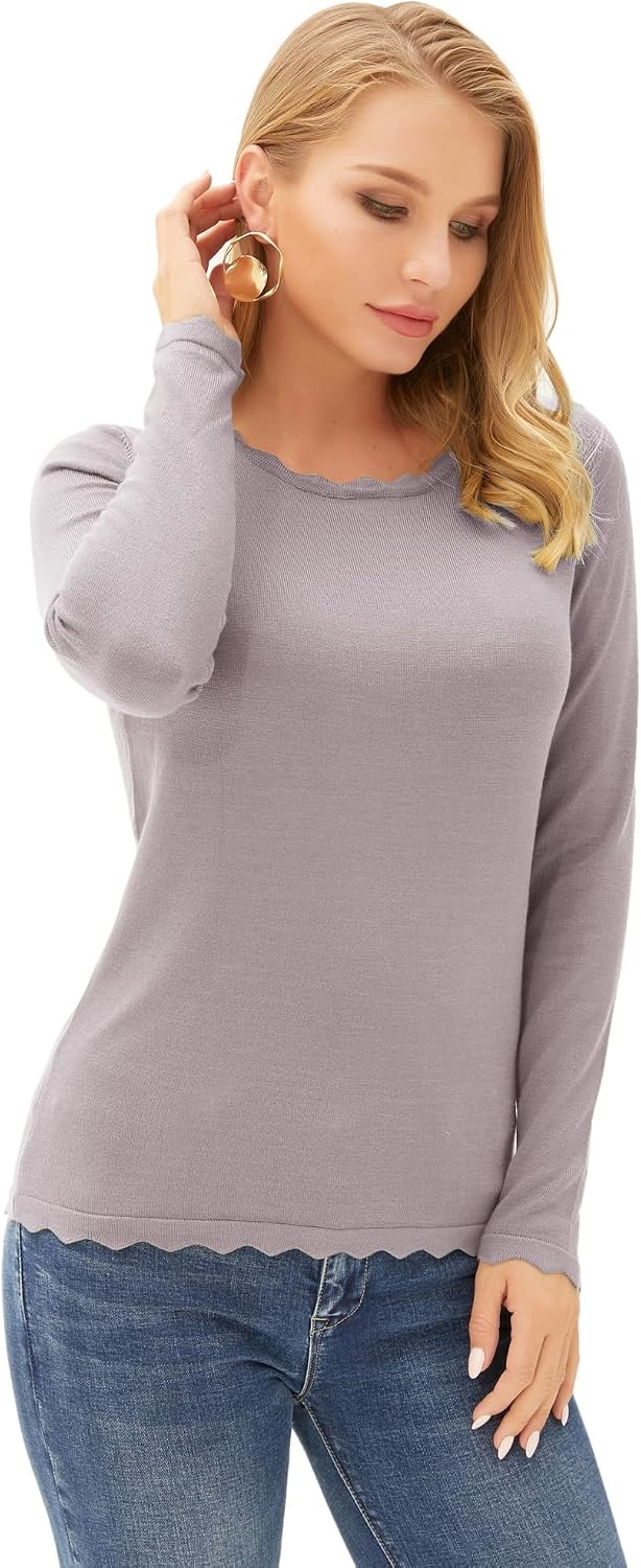 image:imageGRACE KARIN Long Sleeve Fall Sweaters for Women Trendy Business Casual Tops Fashion ClothesClassic Pullover ShirtCrew NeckScallopedLightweightSoft ComfyFittedKnitStretchyWinter Layer ClothingGray Pink