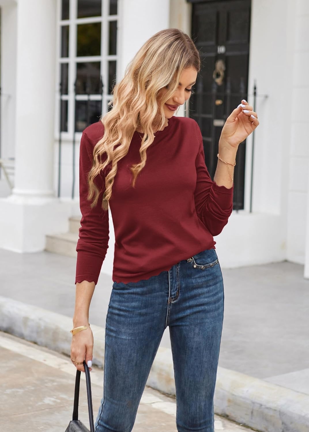 image:imageGRACE KARIN Long Sleeve Fall Sweaters for Women Trendy Business Casual Tops Fashion ClothesClassic Pullover ShirtCrew NeckScallopedLightweightSoft ComfyFittedKnitStretchyWinter Layer ClothingBrown Red