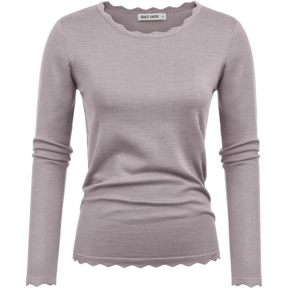 image:imageGRACE KARIN Long Sleeve Fall Sweaters for Women Trendy Business Casual Tops Fashion ClothesClassic Pullover ShirtCrew NeckScallopedLightweightSoft ComfyFittedKnitStretchyWinter Layer ClothingGray Pink