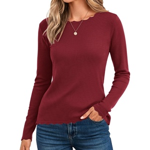GRACE KARIN Long Sleeve Fall Sweaters for Women Trendy Business Casual Tops | Fashion Clothes,Classic Pullover Shirt,Crew Neck,Scalloped,Lightweight,Soft Comfy,Fitted,Knit,Stretchy,Winter Layer Clothing(Brown Red)
