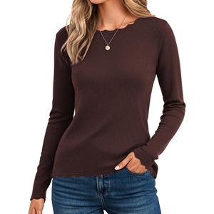 GRACE KARIN Long Sleeve Fall Sweaters for Women Trendy Business Casual Tops | Fashion Clothes,Classic Pullover Shirt,Crew Neck,Scalloped,Lightweight,Soft Comfy,Fitted,Knit,Stretchy,Winter Layer Clothing(Dark Brown)