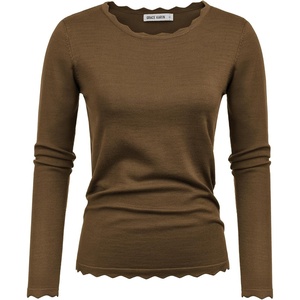 GRACE KARIN Long Sleeve Fall Sweaters for Women Trendy Business Casual Tops | Fashion Clothes,Classic Pullover Shirt,Crew Neck,Scalloped,Lightweight,Soft Comfy,Fitted,Knit,Stretchy,Winter Layer Clothing(Brown)