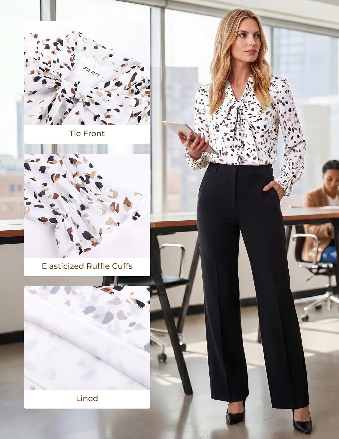 image:imageGRACE KARIN Tie Front Tops for Women Business CasualDot White and Khaki