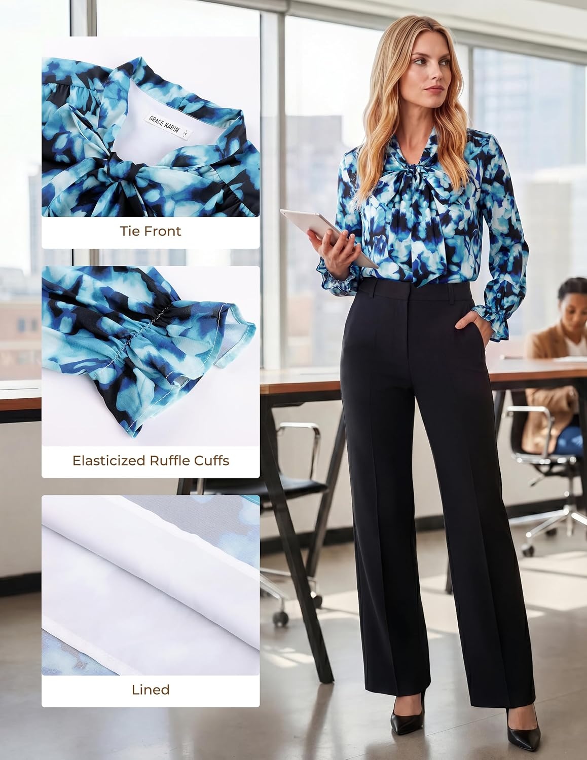 image:imageGRACE KARIN Tie Front Tops for Women Business CasualFloral Blue Mix