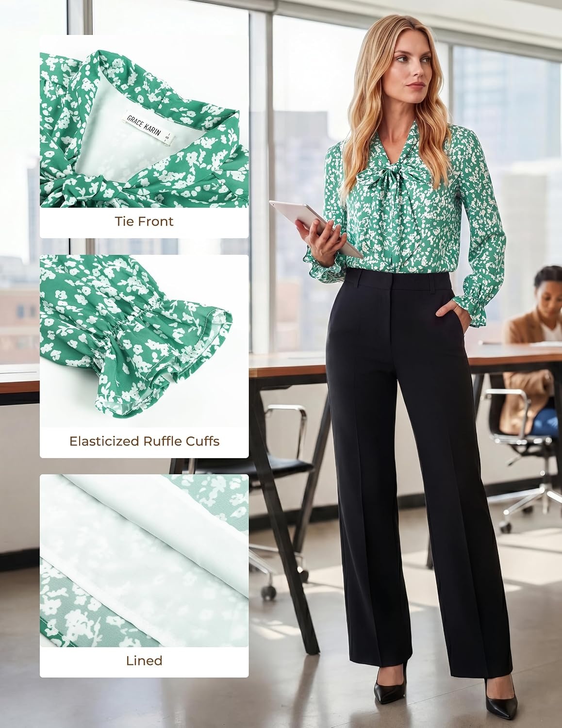 image:imageGRACE KARIN Tie Front Tops for Women Business CasualSage Green Floral