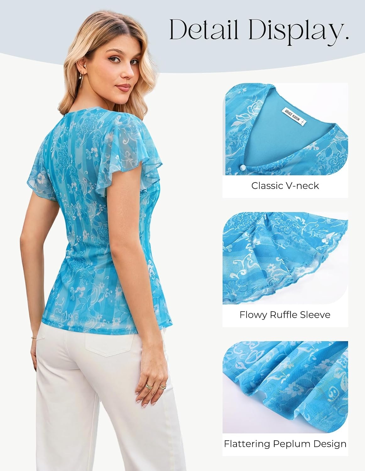 image:imageGRACE KARIN Women Boho Mesh Blouses Dressy Casual Peplum TopsBlue Floral