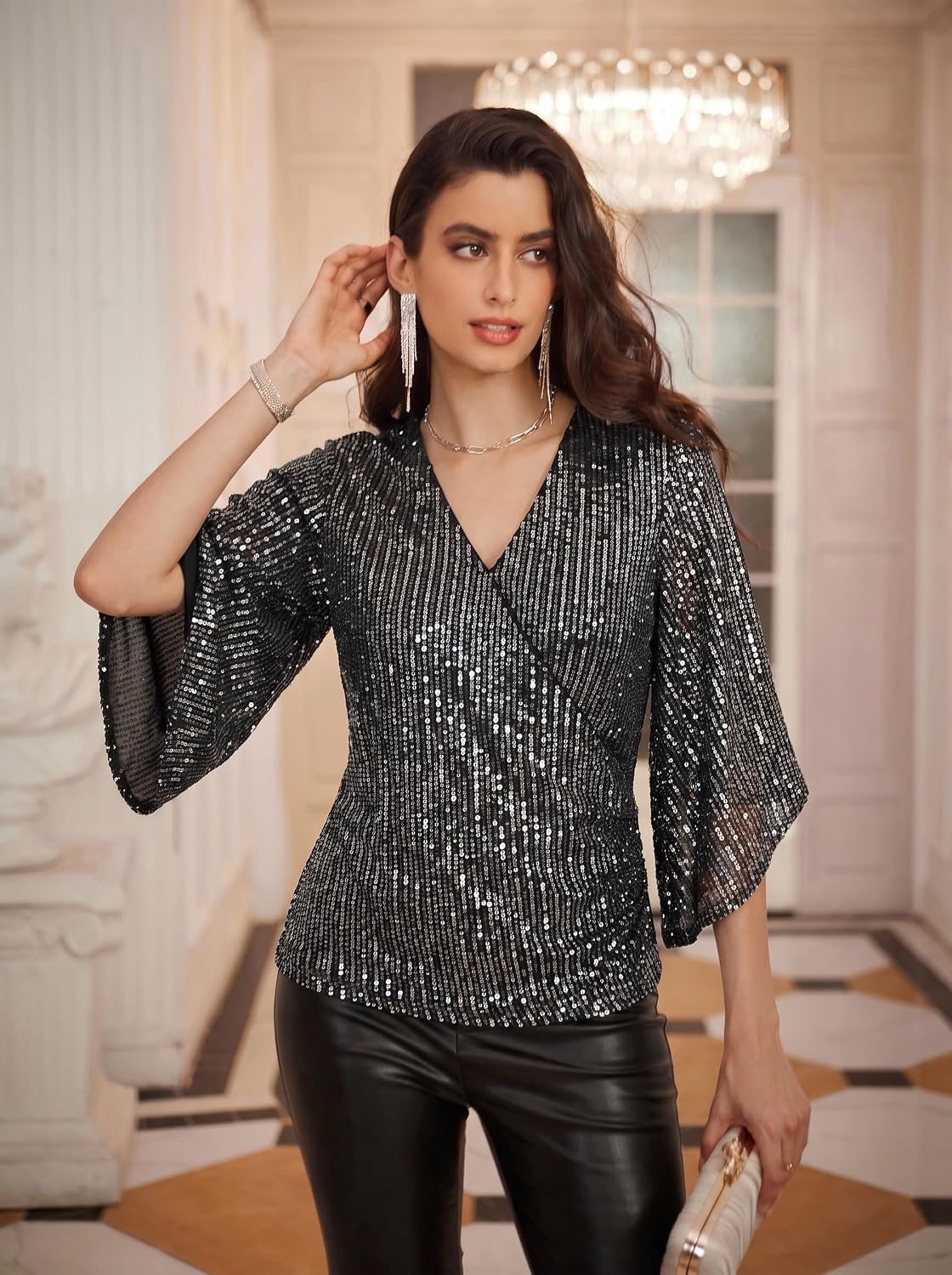 image:imageGRACE KARIN Womens Sequin Top Sparkly Party BlouseBlack Silver