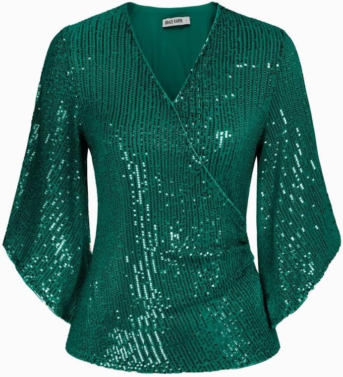 image:imageGRACE KARIN Womens Sequin Top Sparkly Party BlouseBluegreen