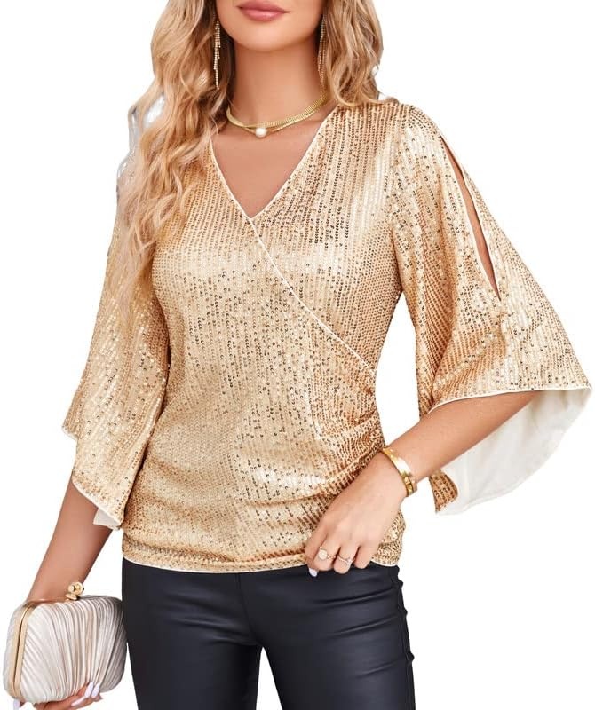 image:imageGRACE KARIN Womens Sequin Top Sparkly Party BlouseChampagne