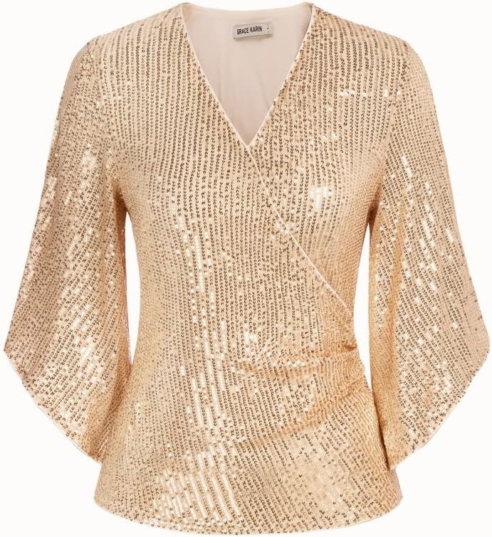 image:imageGRACE KARIN Womens Sequin Top Sparkly Party BlouseChampagne