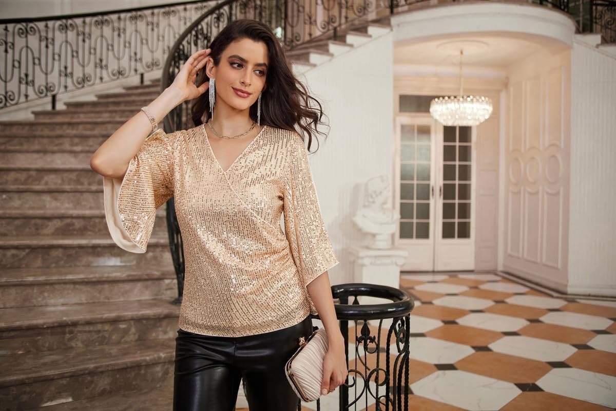 image:imageGRACE KARIN Womens Sequin Top Sparkly Party BlouseChampagne