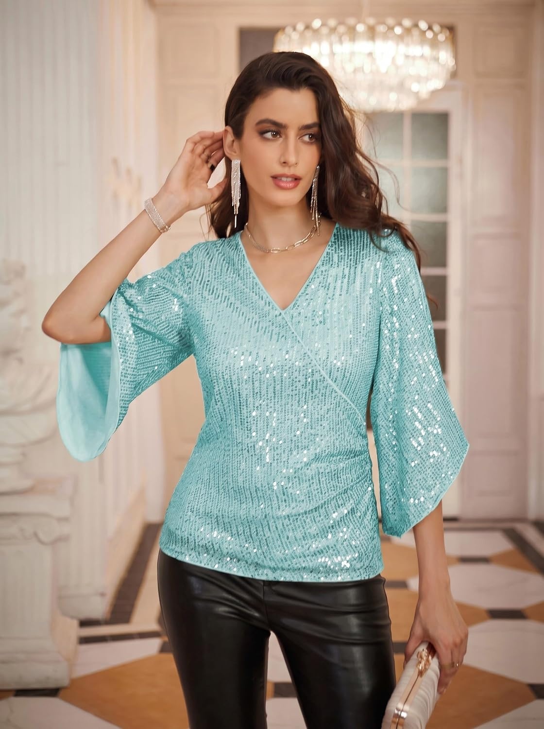 image:imageGRACE KARIN Womens Sequin Top Sparkly Party BlouseLight Green