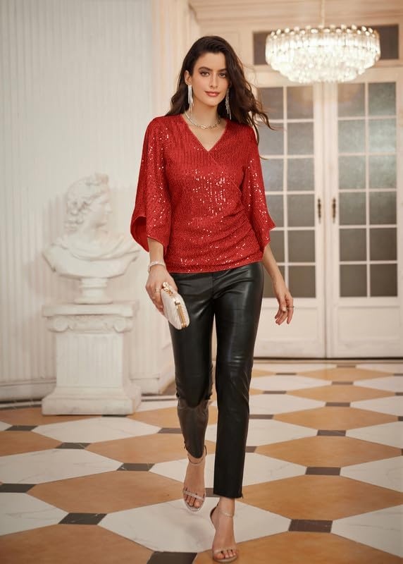 image:imageGRACE KARIN Womens Sequin Top Sparkly Party BlouseRed