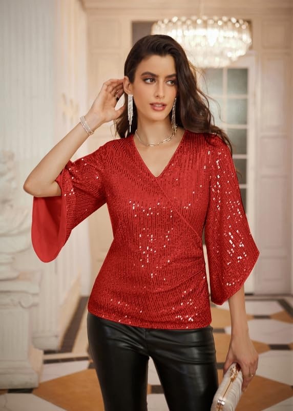 image:imageGRACE KARIN Womens Sequin Top Sparkly Party BlouseRed