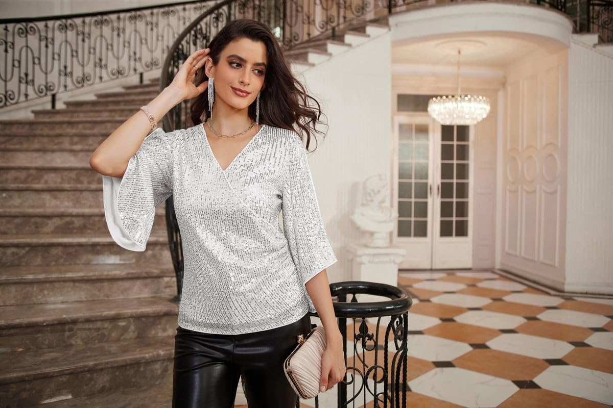 image:imageGRACE KARIN Womens Sequin Top Sparkly Party BlouseSilver
