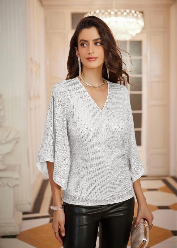 image:imageGRACE KARIN Womens Sequin Top Sparkly Party BlouseSilver