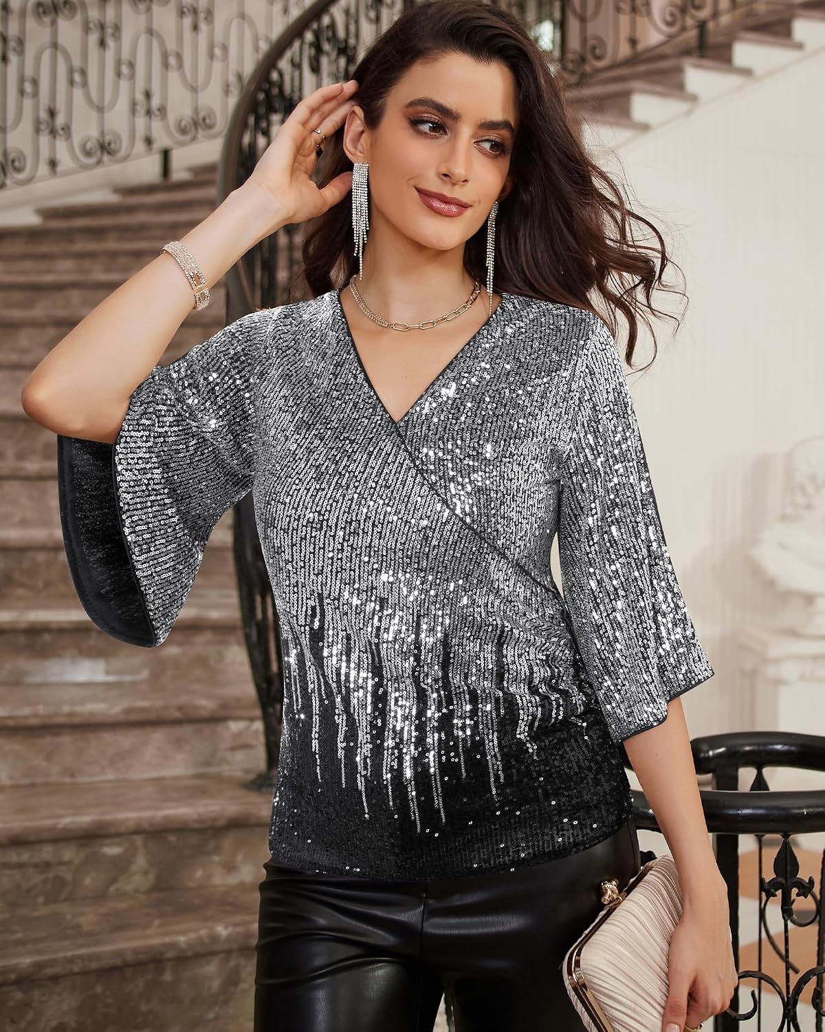 image:imageGRACE KARIN Womens Sequin Top Sparkly Party BlouseSilver Black