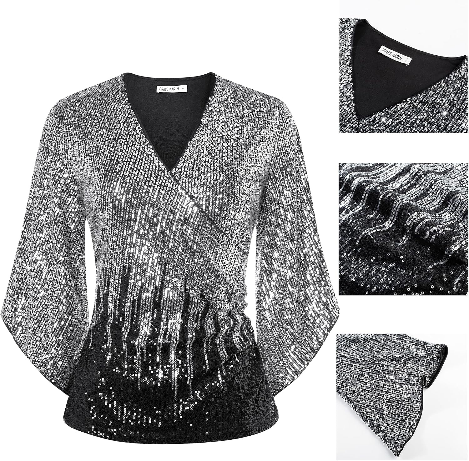 image:imageGRACE KARIN Womens Sequin Top Sparkly Party BlouseSilver Black