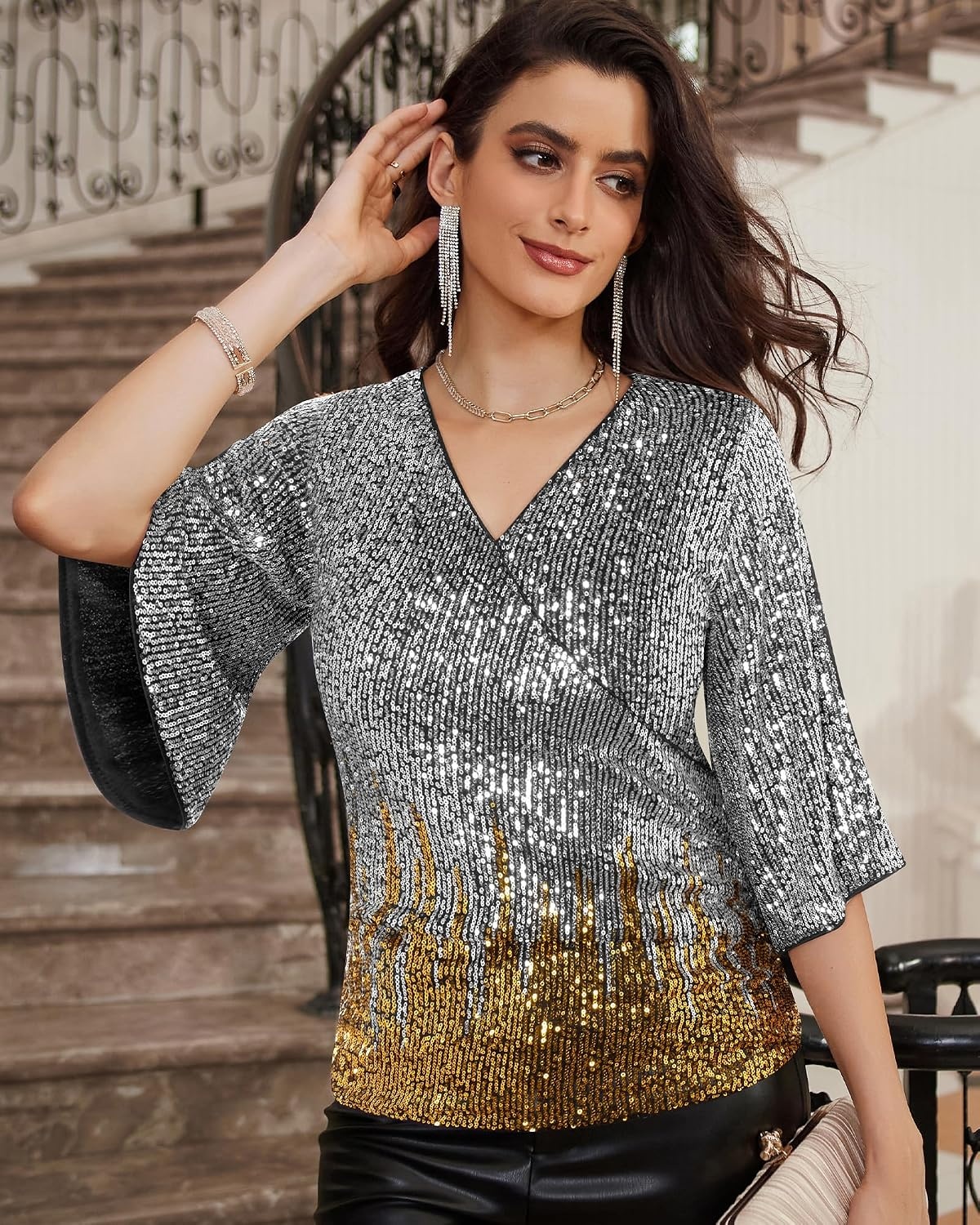 image:imageGRACE KARIN Womens Sequin Top Sparkly Party BlouseSilver Gold