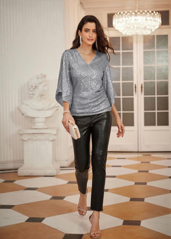 image:imageGRACE KARIN Womens Sequin Top Sparkly Party BlouseSilver Gray