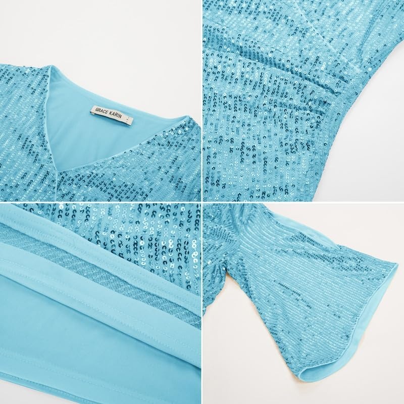 image:imageGRACE KARIN Womens Sequin Top Sparkly Party BlouseSky Blue