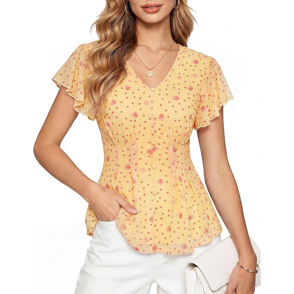 image:imageGRACE KARIN Women Boho Mesh Blouses Dressy Casual Peplum TopsYellow Pink Floral