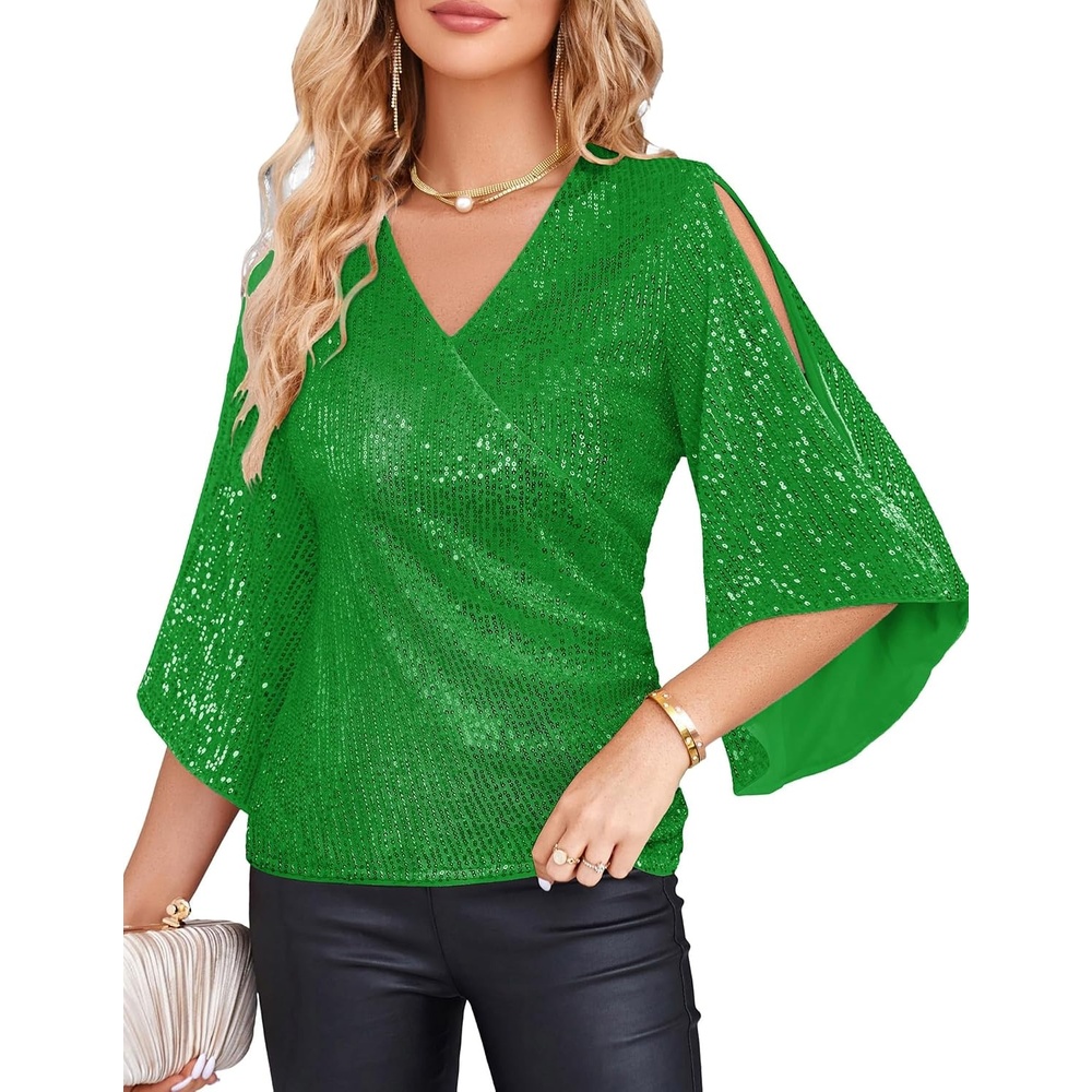 image:imageGRACE KARIN Womens Sequin Top Sparkly Party BlouseFantasy Lime Green