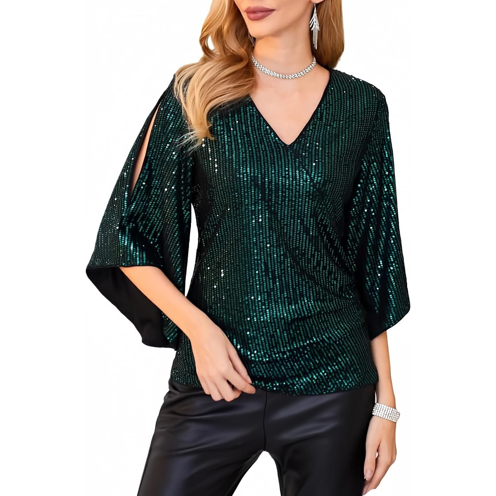 image:imageGRACE KARIN Womens Sequin Top Sparkly Party BlouseGreen on Black