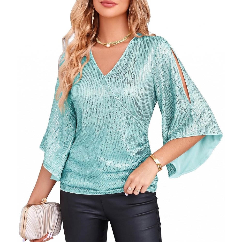 image:imageGRACE KARIN Womens Sequin Top Sparkly Party BlouseLight Green