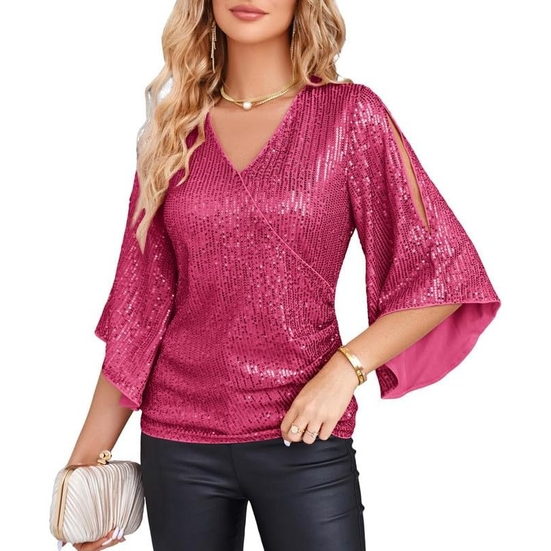 image:imageGRACE KARIN Womens Sequin Top Sparkly Party BlouseRose Red