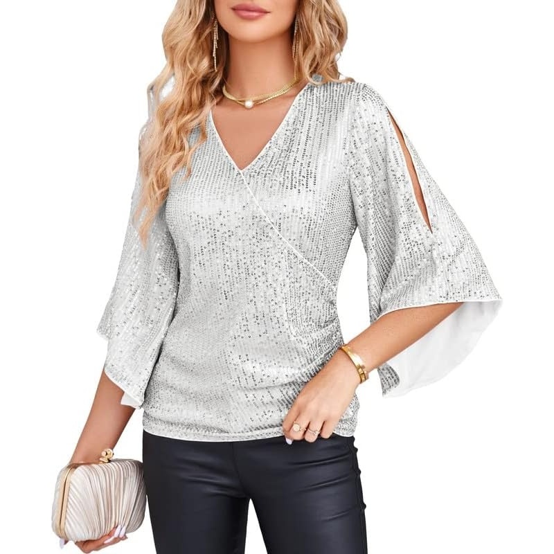 image:imageGRACE KARIN Womens Sequin Top Sparkly Party BlouseSilver