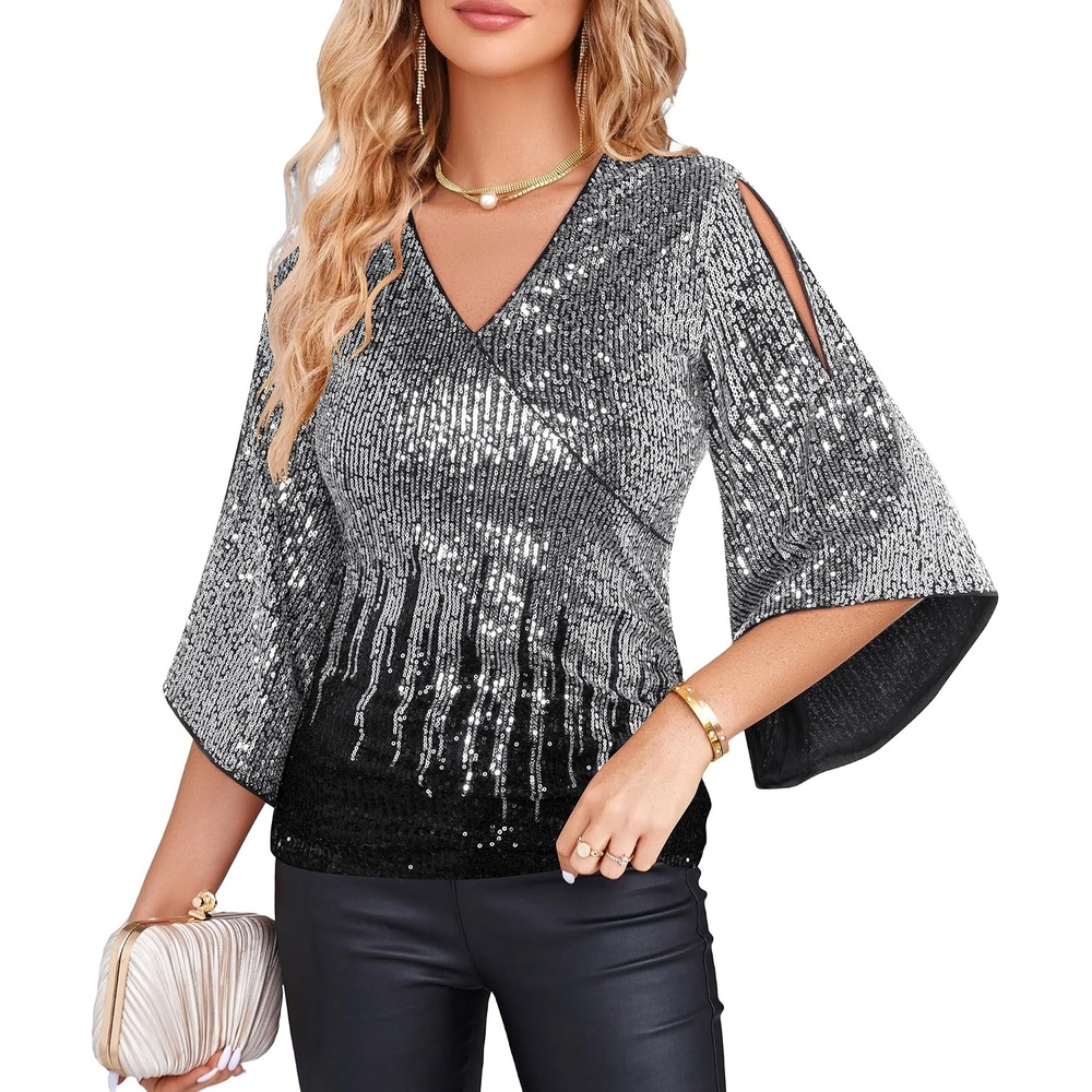 image:imageGRACE KARIN Womens Sequin Top Sparkly Party BlouseSilver Black