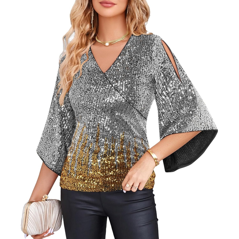 image:imageGRACE KARIN Womens Sequin Top Sparkly Party BlouseSilver Gold