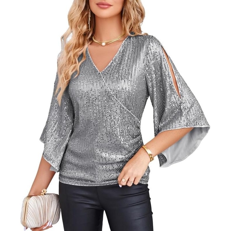 image:imageGRACE KARIN Womens Sequin Top Sparkly Party BlouseSilver Gray