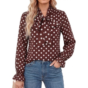 GRACE KARIN Tie Front Tops for Women Business Casual(Dot – Coffee)