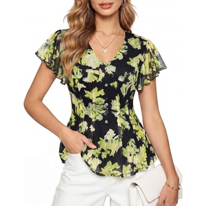 GRACE KARIN Women Boho Mesh Blouses Dressy Casual Peplum Tops(Black Green Floral)