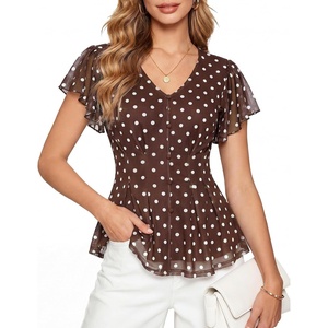 GRACE KARIN Women Boho Mesh Blouses Dressy Casual Peplum Tops(Brown Polka Dots)