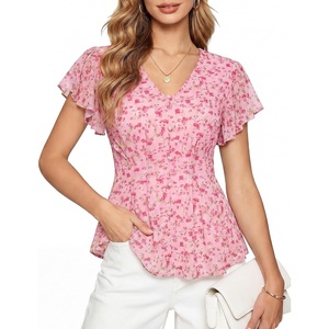 GRACE KARIN Women Boho Mesh Blouses Dressy Casual Peplum Tops(Pink Floral)