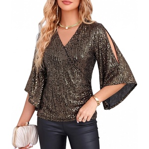 GRACE KARIN Women’s Sequin Top, Sparkly Party Blouse(Black Gold)