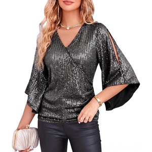 GRACE KARIN Women’s Sequin Top, Sparkly Party Blouse(Black Silver)