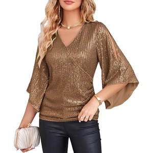 GRACE KARIN Women’s Sequin Top, Sparkly Party Blouse(Brown)