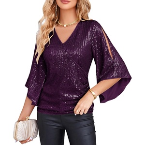 GRACE KARIN Women’s Sequin Top, Sparkly Party Blouse(Dark Purple)