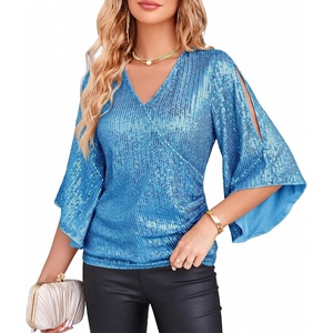 GRACE KARIN Women’s Sequin Top, Sparkly Party Blouse(Deep Sky Blue)