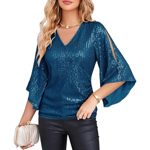 GRACE KARIN Women’s Sequin Top, Sparkly Party Blouse(Peacock Blue)