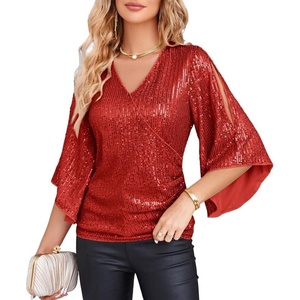 GRACE KARIN Women’s Sequin Top, Sparkly Party Blouse(Red)