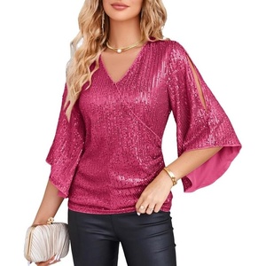 GRACE KARIN Women’s Sequin Top, Sparkly Party Blouse(Rose Red)